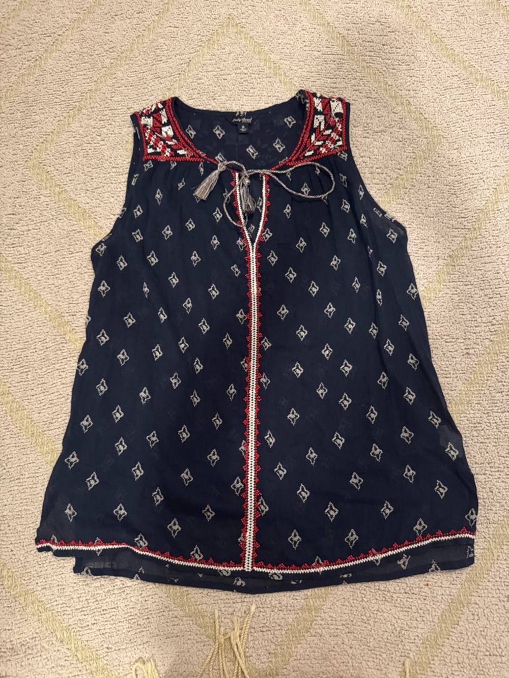 Lucky Brand Navy Boho Tank Top Embroidered Sleeveless Blouse Size Medium